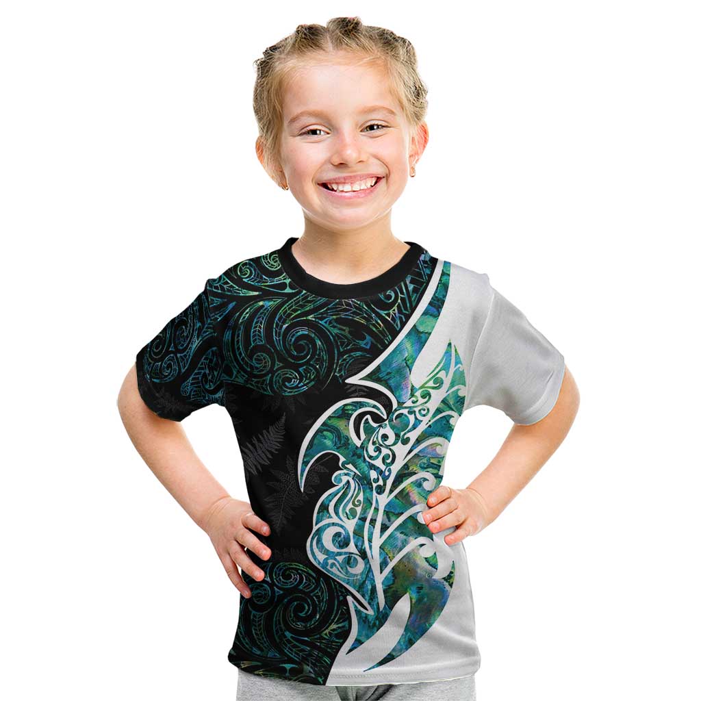 Proud Aotearoa Kid T Shirt Maori Silver Fern Mix Paua Shell Pattern LT14 Black - Polynesian Pride