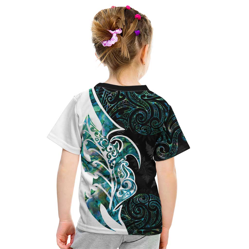 Proud Aotearoa Kid T Shirt Maori Silver Fern Mix Paua Shell Pattern LT14 - Polynesian Pride