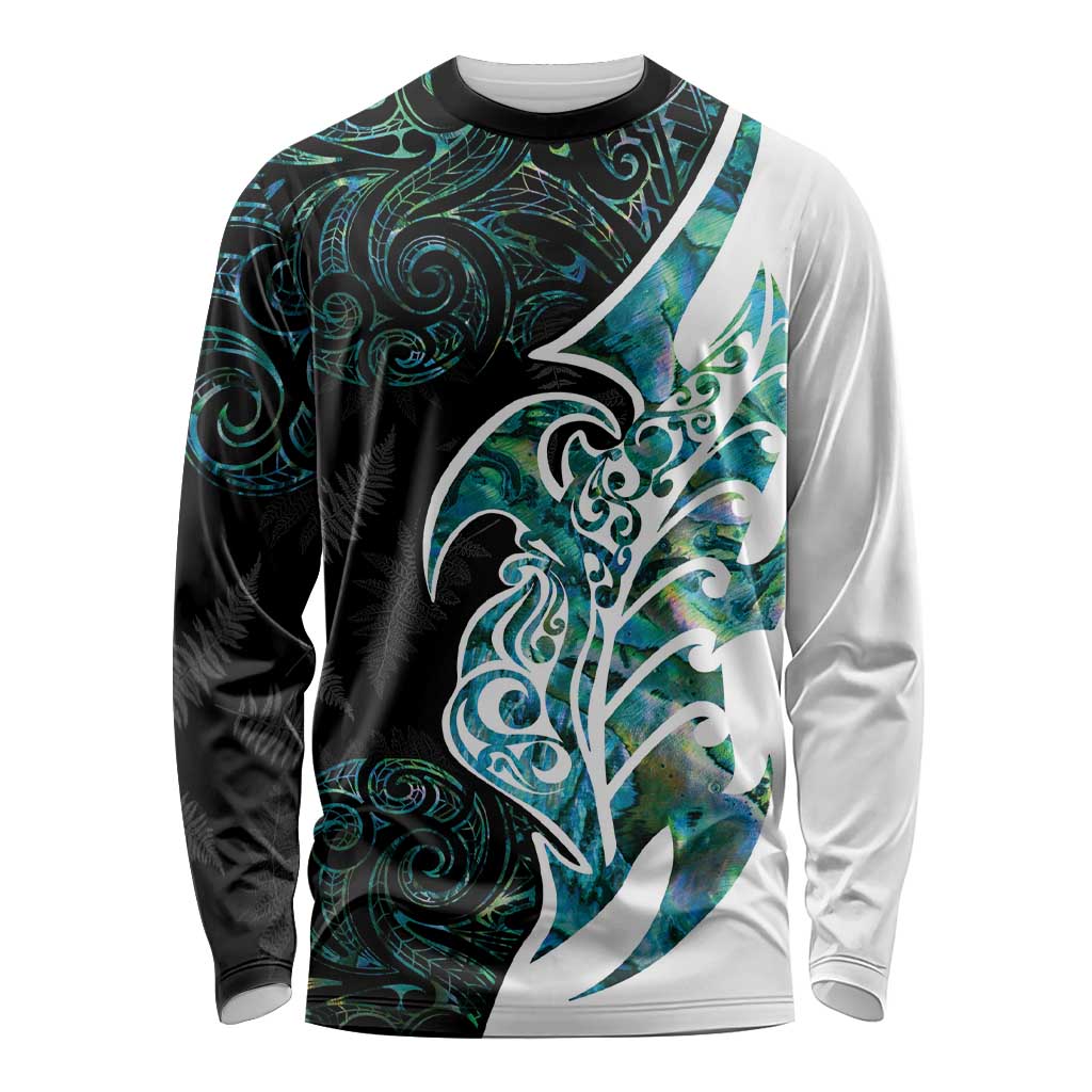 Proud Aotearoa Long Sleeve Shirt Maori Silver Fern Mix Paua Shell Pattern LT14 Unisex Black - Polynesian Pride
