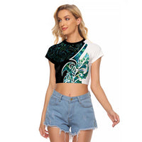 Proud Aotearoa Raglan Cropped T Shirt Maori Silver Fern Mix Paua Shell Pattern LT14 Female Black - Polynesian Pride