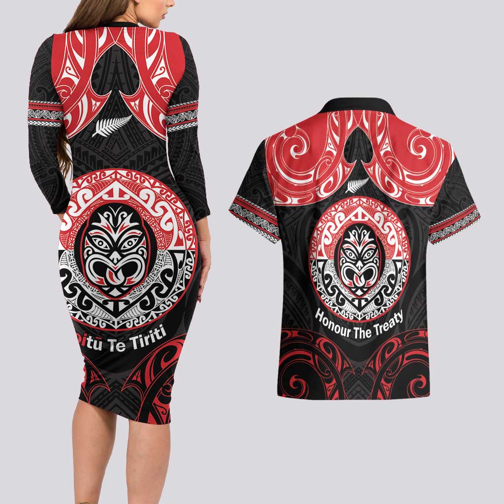 Aotearoa Toitu Te Tiriti Couples Matching Long Sleeve Bodycon Dress and Hawaiian Shirt Haka Tiki Honour The Treaty LT14 - Polynesian Pride