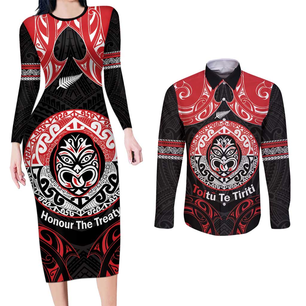 Aotearoa Toitu Te Tiriti Couples Matching Long Sleeve Bodycon Dress and Long Sleeve Button Shirt Haka Tiki Honour The Treaty