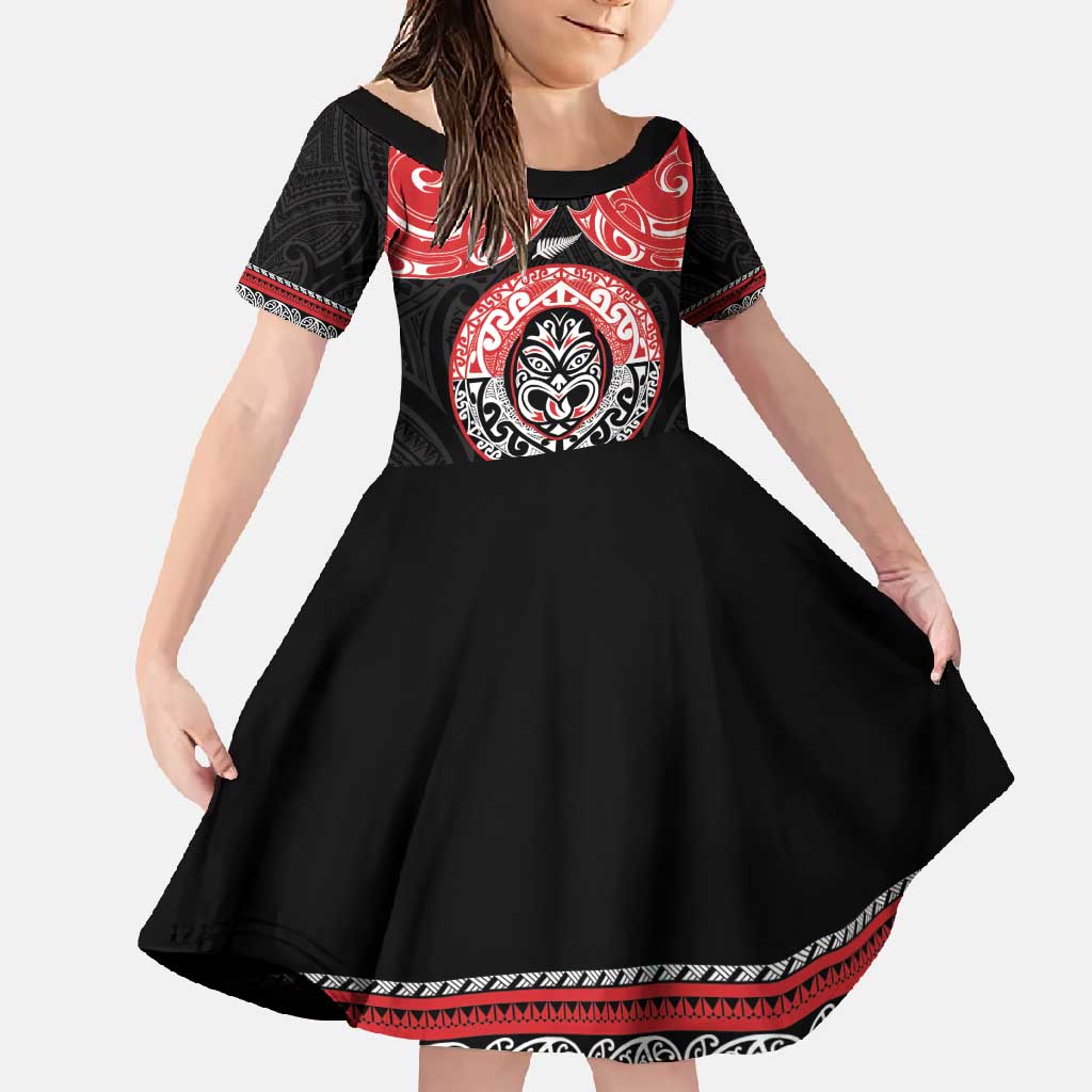 Aotearoa Toitu Te Tiriti Family Matching Long Sleeve Bodycon Dress and Hawaiian Shirt Haka Tiki Honour The Treaty LT14 Daughter's Dress Black - Polynesian Pride