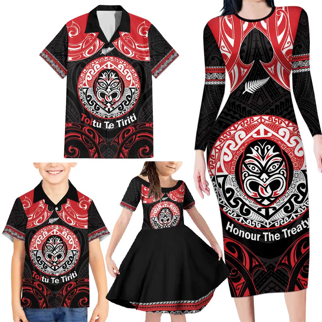 Aotearoa Toitu Te Tiriti Family Matching Long Sleeve Bodycon Dress and Hawaiian Shirt Haka Tiki Honour The Treaty LT14 - Polynesian Pride