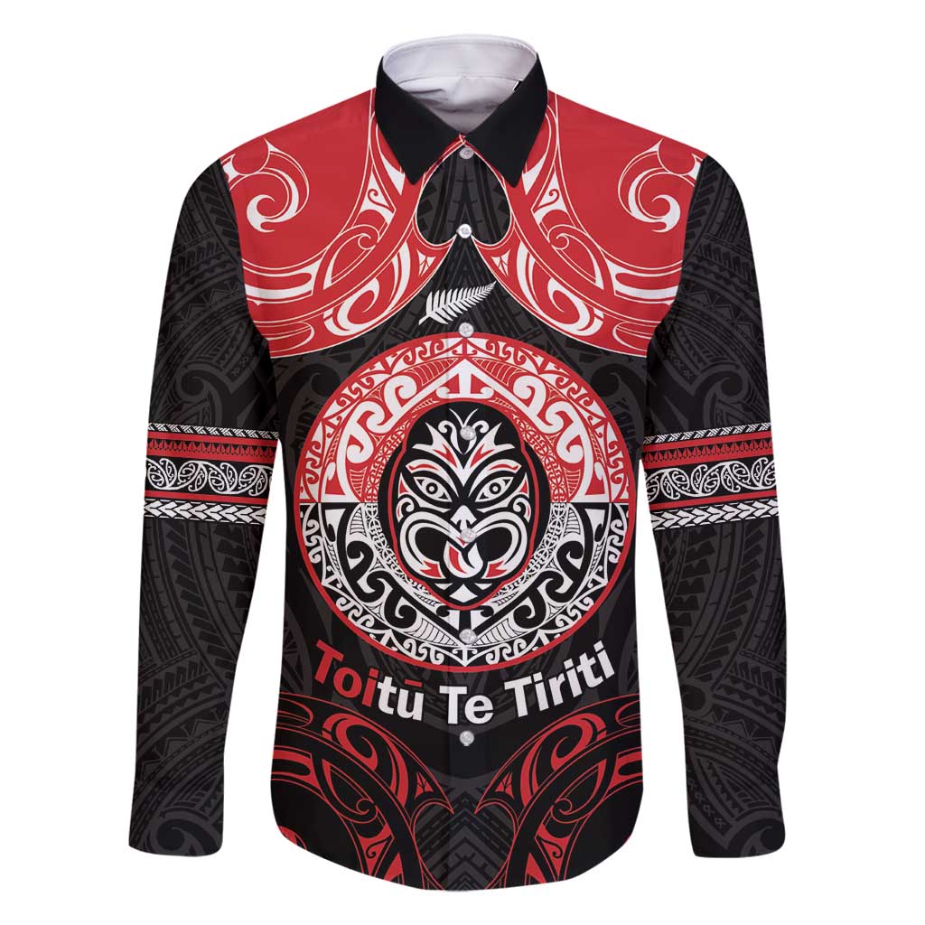 Aotearoa Toitu Te Tiriti Family Matching Off Shoulder Maxi Dress and Hawaiian Shirt Haka Tiki Honour The Treaty LT14 Dad's Shirt - Long Sleeve Black - Polynesian Pride