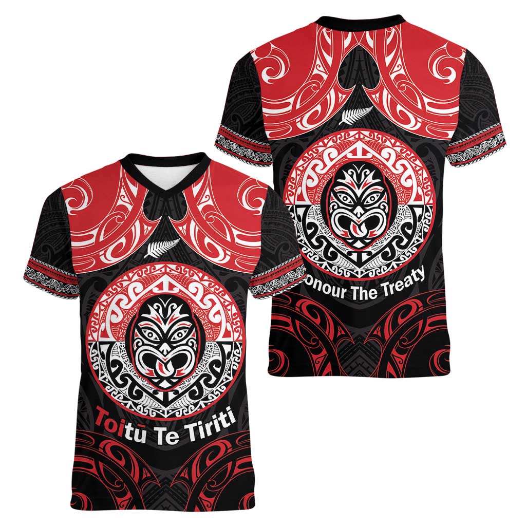 Aotearoa Toitu Te Tiriti Women V-Neck T-Shirt Haka Tiki Honour The Treaty LT14 - Polynesian Pride