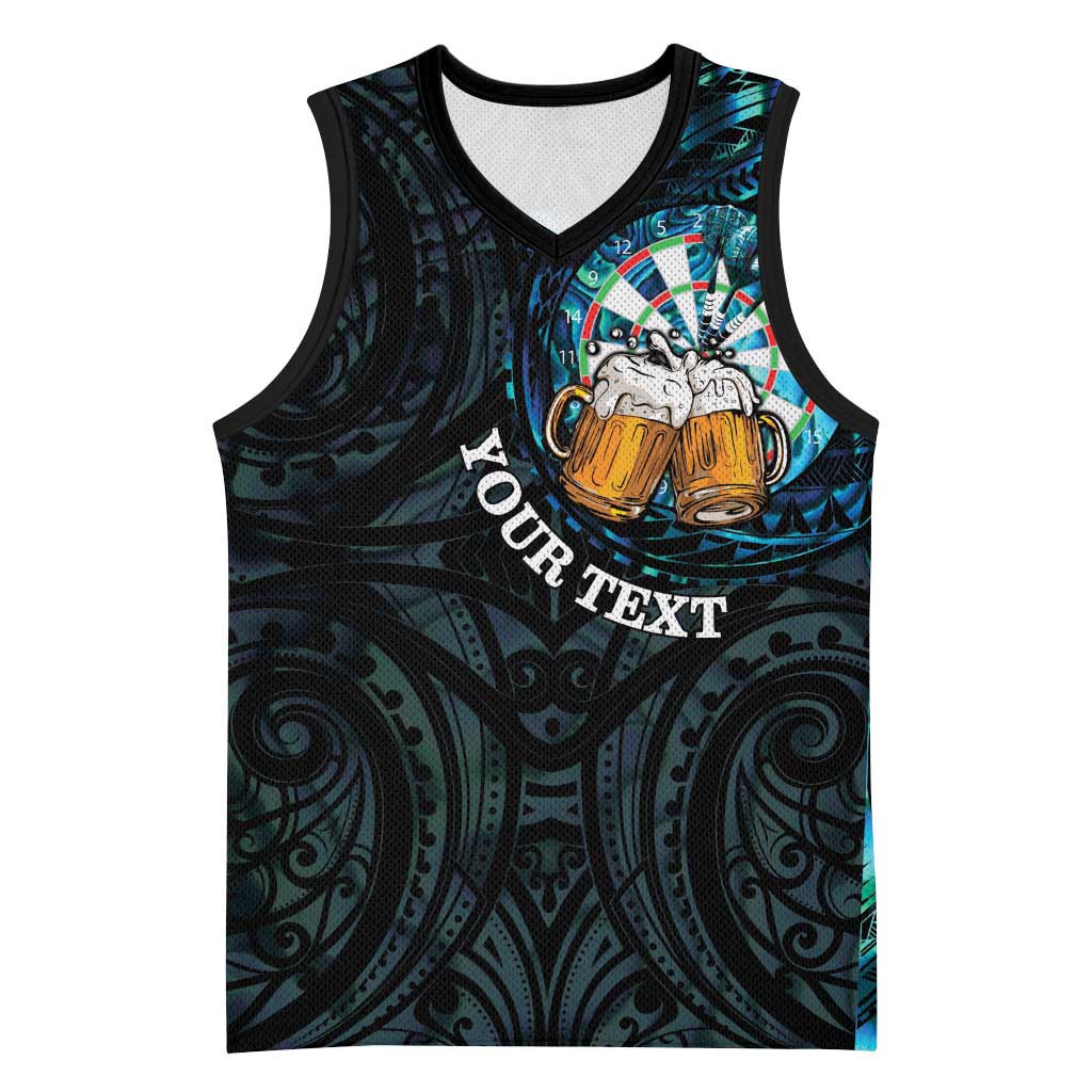 Personalized New Zealand Darts Beer Basketball Jersey Paua Shell Aotearoa Maori Tattoo LT14 Unisex Black - Polynesian Pride