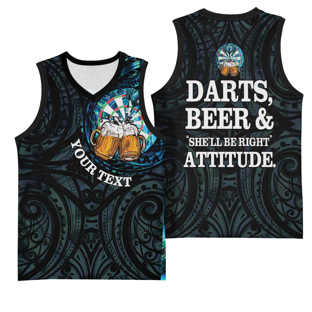 Personalized New Zealand Darts Beer Basketball Jersey Paua Shell Aotearoa Maori Tattoo LT14 - Polynesian Pride