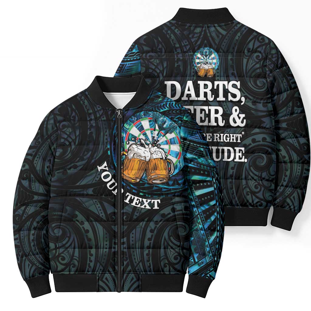 Personalized New Zealand Darts Beer Bomber Puffer Jacket Paua Shell Aotearoa Maori Tattoo - Polynesian Pride