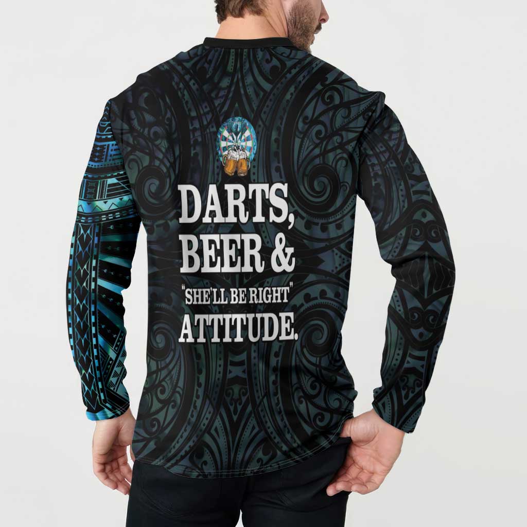 Personalized New Zealand Darts Beer Button Sweatshirt Paua Shell Aotearoa Maori Tattoo - Polynesian Pride