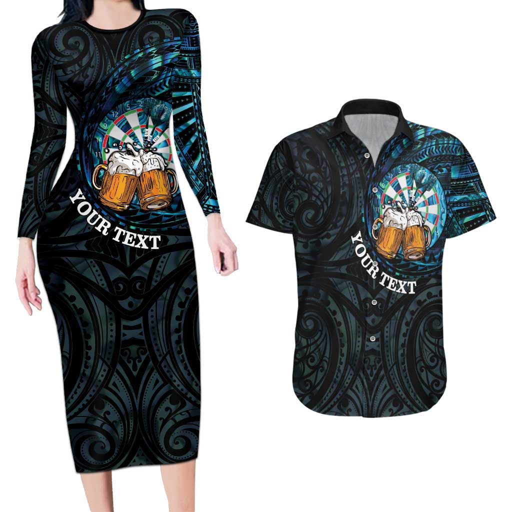 Personalized New Zealand Darts Beer Couples Matching Long Sleeve Bodycon Dress and Hawaiian Shirt Paua Shell Aotearoa Maori Tattoo - Polynesian Pride