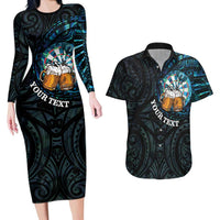 Personalized New Zealand Darts Beer Couples Matching Long Sleeve Bodycon Dress and Hawaiian Shirt Paua Shell Aotearoa Maori Tattoo - Polynesian Pride
