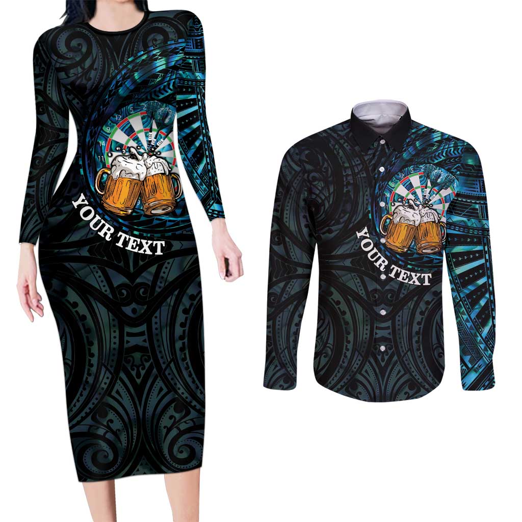 Personalized New Zealand Darts Beer Couples Matching Long Sleeve Bodycon Dress and Long Sleeve Button Shirt Paua Shell Aotearoa Maori Tattoo - Polynesian Pride