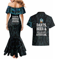 Personalized New Zealand Darts Beer Couples Matching Mermaid Dress and Hawaiian Shirt Paua Shell Aotearoa Maori Tattoo - Polynesian Pride