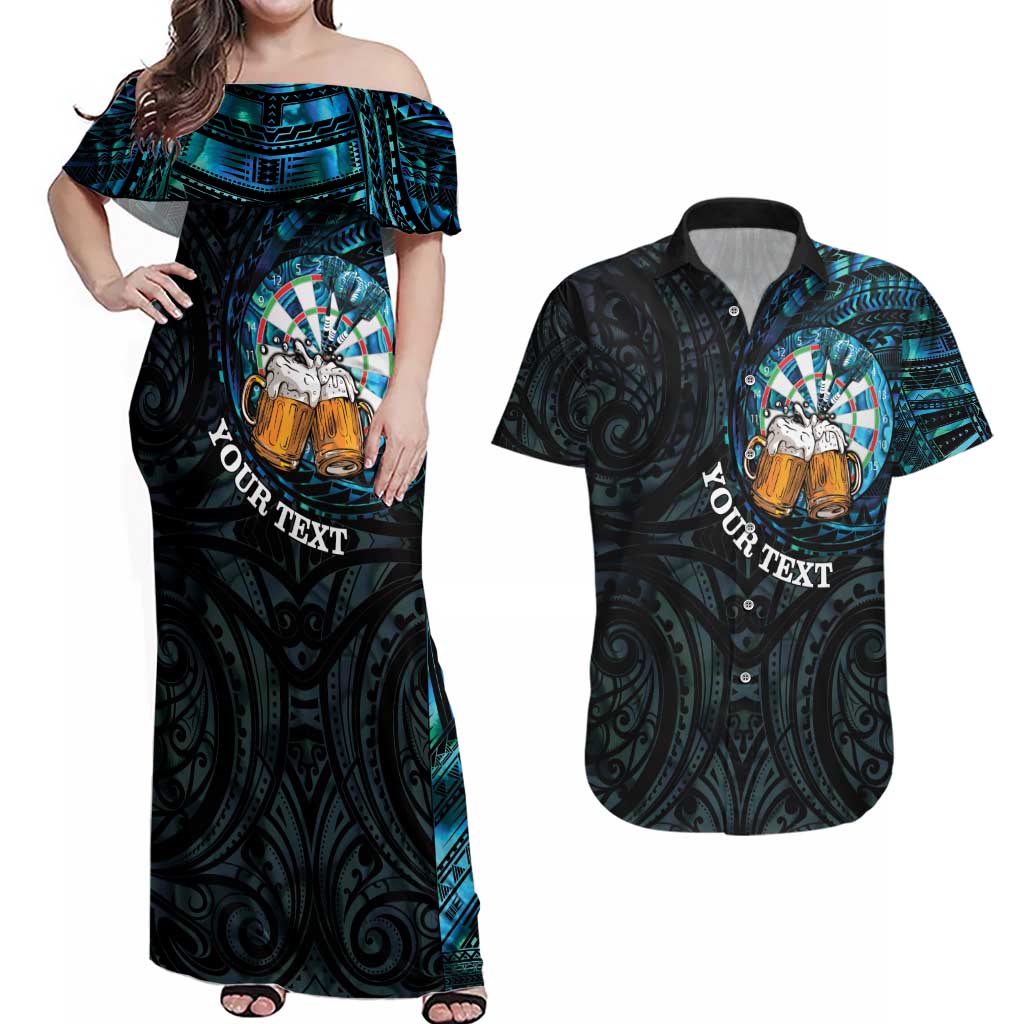 Personalized New Zealand Darts Beer Couples Matching Off Shoulder Maxi Dress and Hawaiian Shirt Paua Shell Aotearoa Maori Tattoo - Polynesian Pride