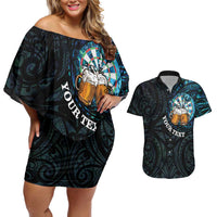 Personalized New Zealand Darts Beer Couples Matching Off Shoulder Short Dress and Hawaiian Shirt Paua Shell Aotearoa Maori Tattoo - Polynesian Pride