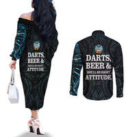 Personalized New Zealand Darts Beer Couples Matching Off The Shoulder Long Sleeve Dress and Long Sleeve Button Shirt Paua Shell Aotearoa Maori Tattoo - Polynesian Pride