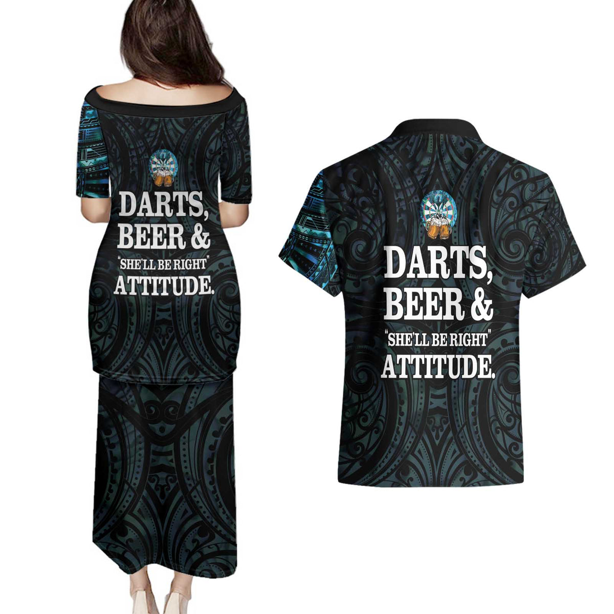 Personalized New Zealand Darts Beer Couples Matching Puletasi and Hawaiian Shirt Paua Shell Aotearoa Maori Tattoo - Polynesian Pride
