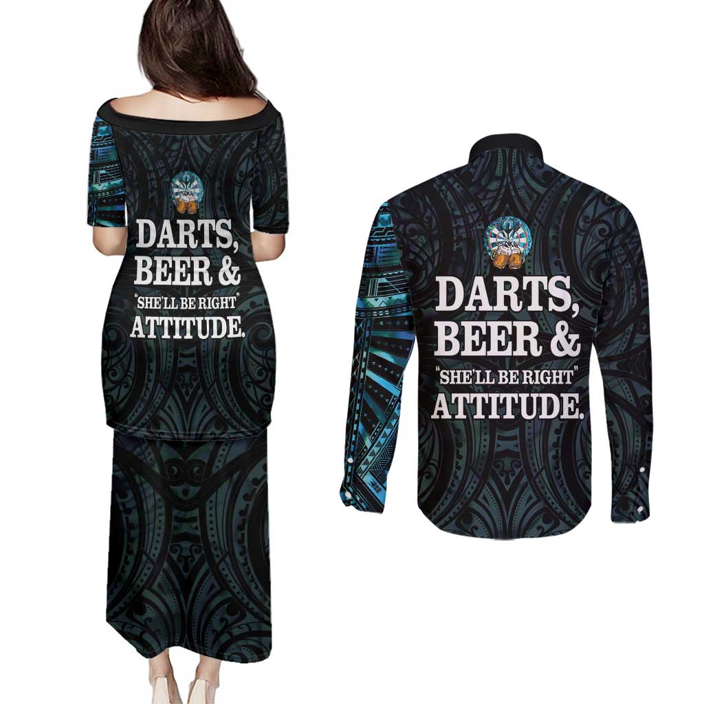 Personalized New Zealand Darts Beer Couples Matching Puletasi and Long Sleeve Button Shirt Paua Shell Aotearoa Maori Tattoo - Polynesian Pride