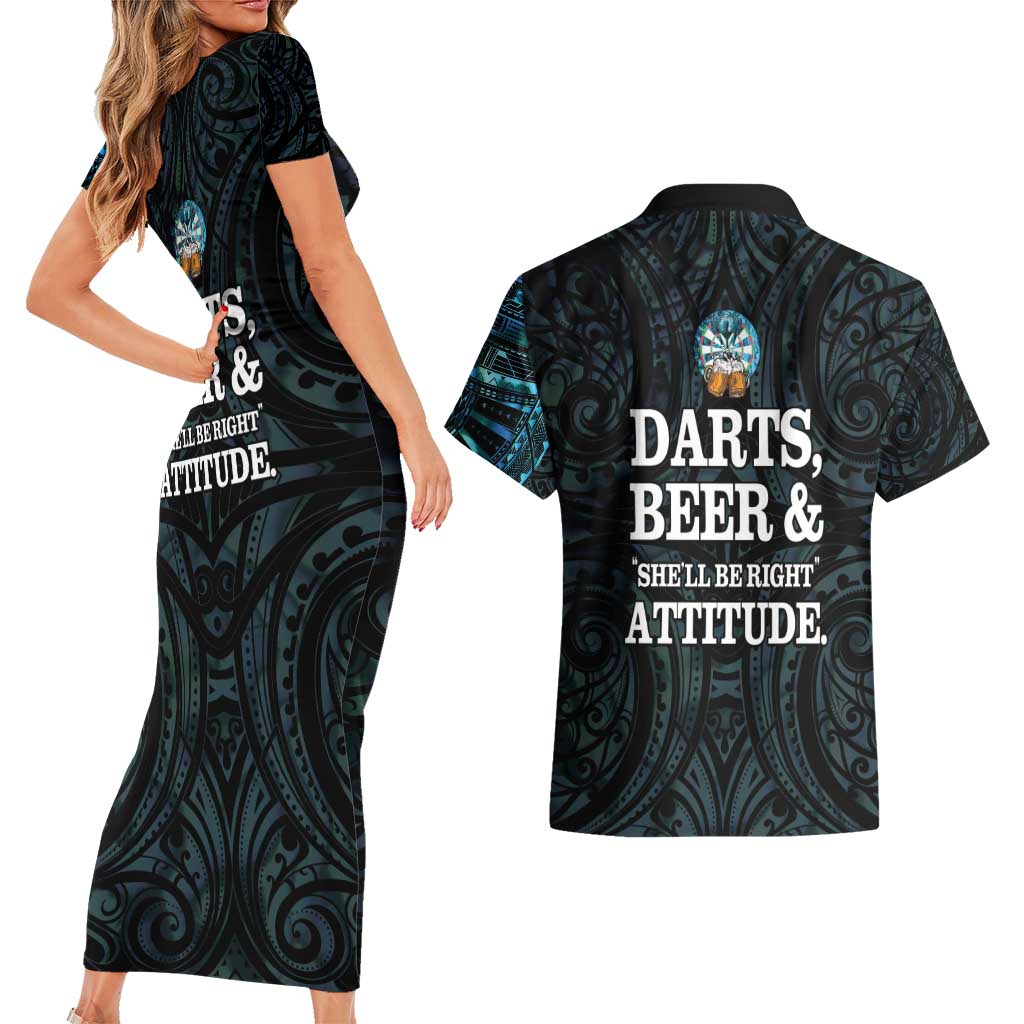 Personalized New Zealand Darts Beer Couples Matching Short Sleeve Bodycon Dress and Hawaiian Shirt Paua Shell Aotearoa Maori Tattoo - Polynesian Pride