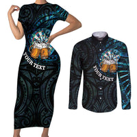 Personalized New Zealand Darts Beer Couples Matching Short Sleeve Bodycon Dress and Long Sleeve Button Shirt Paua Shell Aotearoa Maori Tattoo - Polynesian Pride