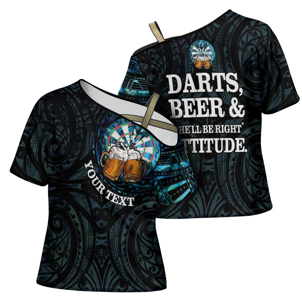 Personalized New Zealand Darts Beer Cross Shoulder Shirt Paua Shell Aotearoa Maori Tattoo - Polynesian Pride