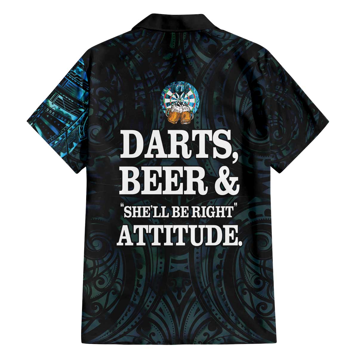 Personalized New Zealand Darts Beer Family Matching Off The Shoulder Long Sleeve Dress and Hawaiian Shirt Paua Shell Aotearoa Maori Tattoo - Polynesian Pride