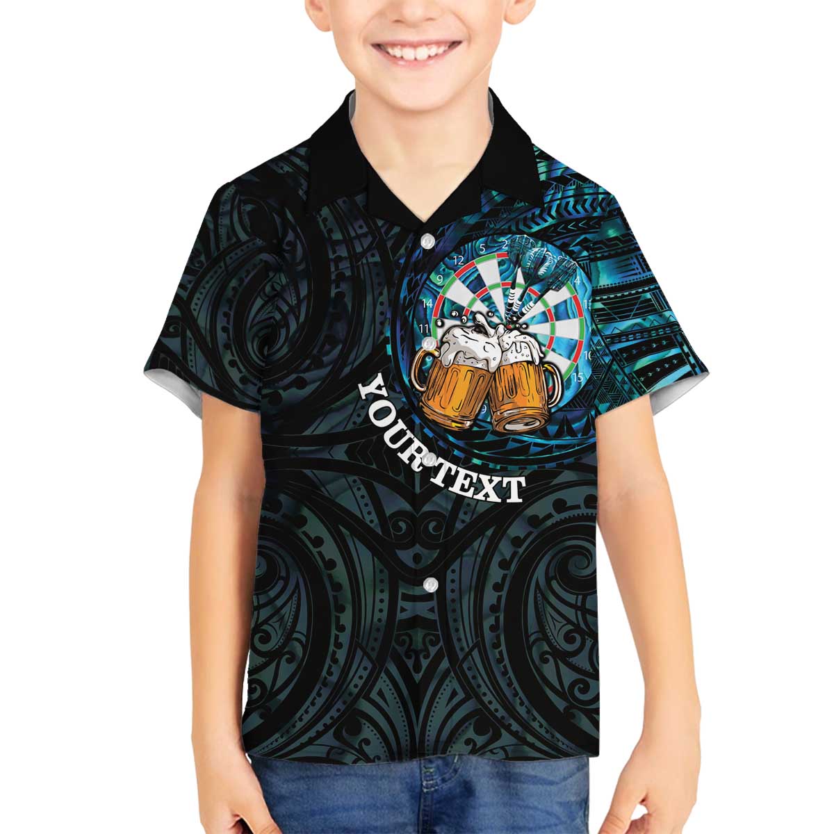 Personalized New Zealand Darts Beer Family Matching Off The Shoulder Long Sleeve Dress and Hawaiian Shirt Paua Shell Aotearoa Maori Tattoo - Polynesian Pride