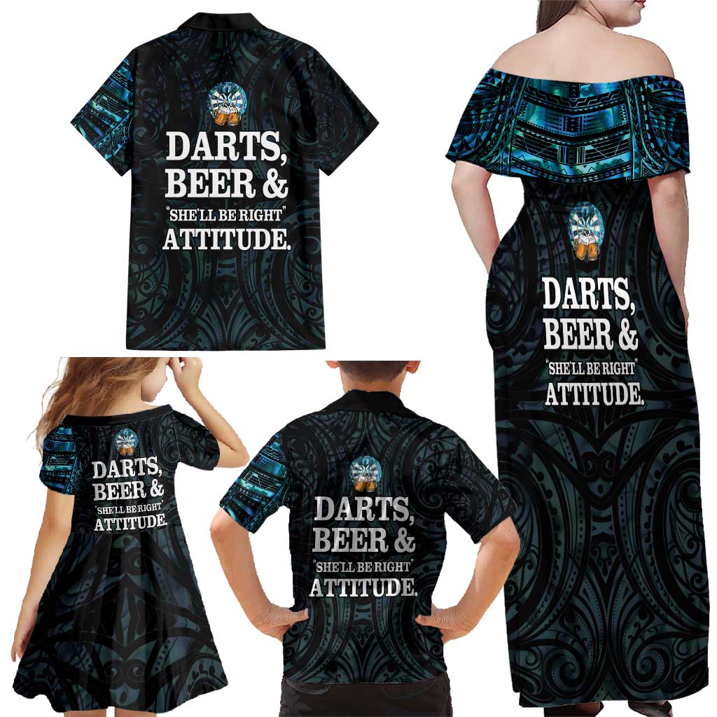 Personalized New Zealand Darts Beer Family Matching Off Shoulder Maxi Dress and Hawaiian Shirt Paua Shell Aotearoa Maori Tattoo - Polynesian Pride