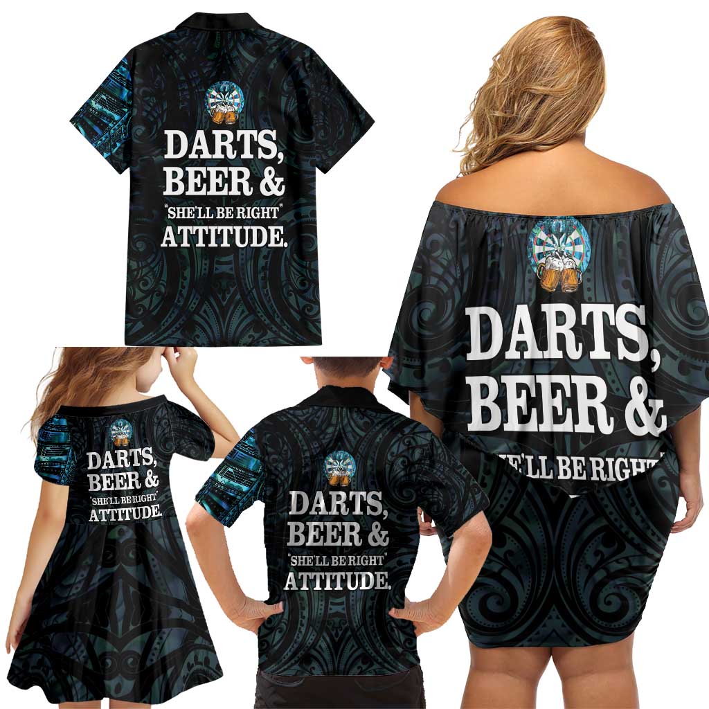 Personalized New Zealand Darts Beer Family Matching Off Shoulder Short Dress and Hawaiian Shirt Paua Shell Aotearoa Maori Tattoo - Polynesian Pride