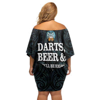 Personalized New Zealand Darts Beer Family Matching Off Shoulder Short Dress and Hawaiian Shirt Paua Shell Aotearoa Maori Tattoo - Polynesian Pride