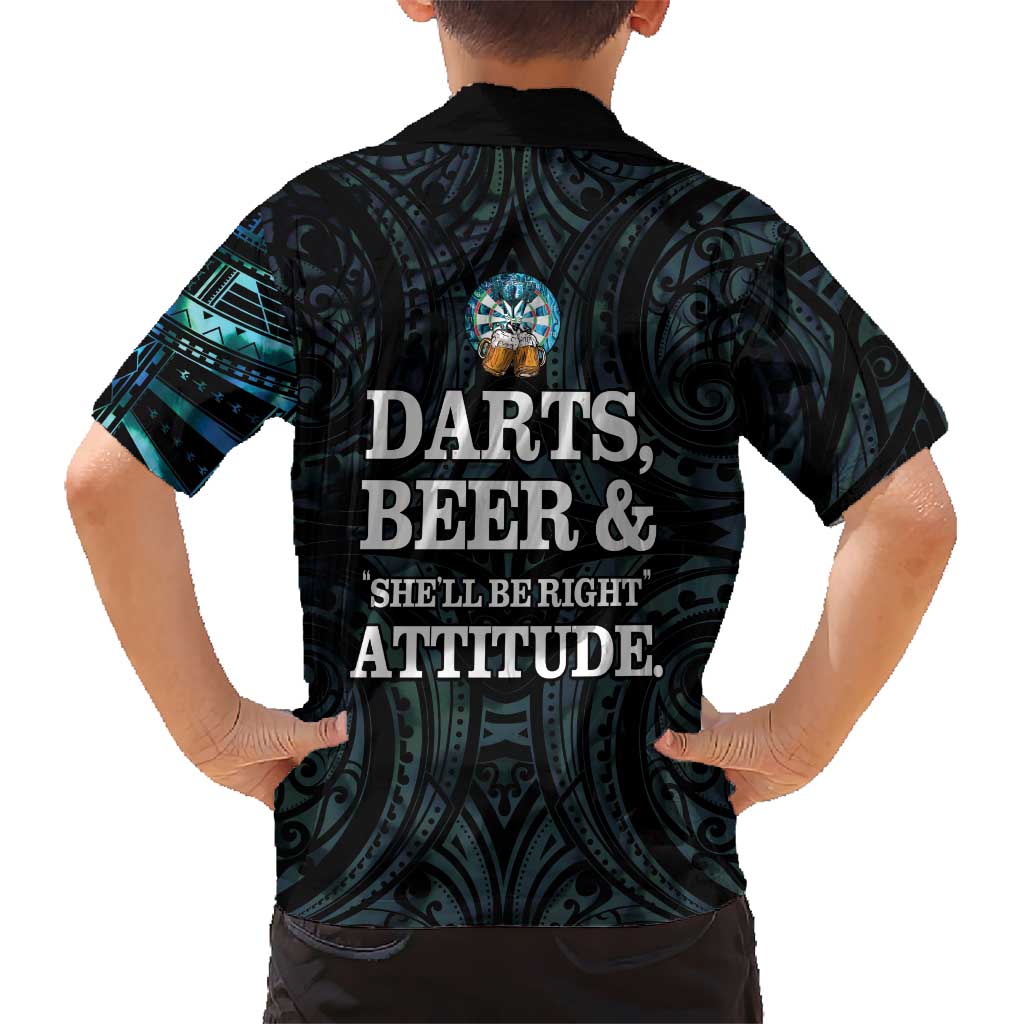 Personalized New Zealand Darts Beer Kid Hawaiian Shirt Paua Shell Aotearoa Maori Tattoo - Polynesian Pride