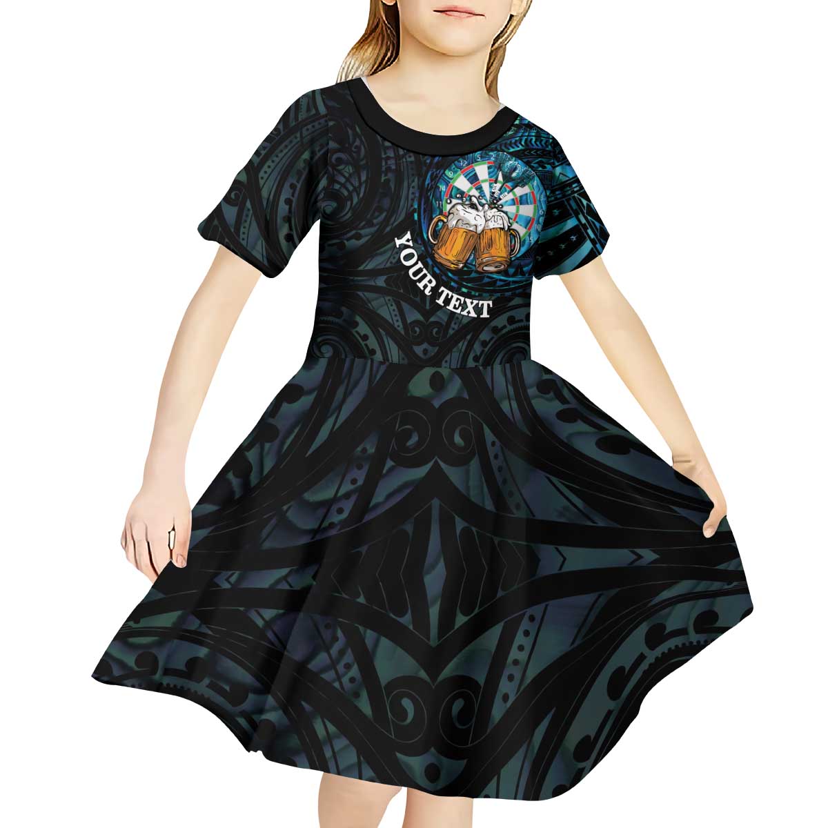 Personalized New Zealand Darts Beer Kid Short Sleeve Dress Paua Shell Aotearoa Maori Tattoo - Polynesian Pride