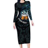 Personalized New Zealand Darts Beer Long Sleeve Bodycon Dress Paua Shell Aotearoa Maori Tattoo - Polynesian Pride