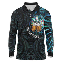 Personalized New Zealand Darts Beer Long Sleeve Polo Shirt Paua Shell Aotearoa Maori Tattoo - Polynesian Pride