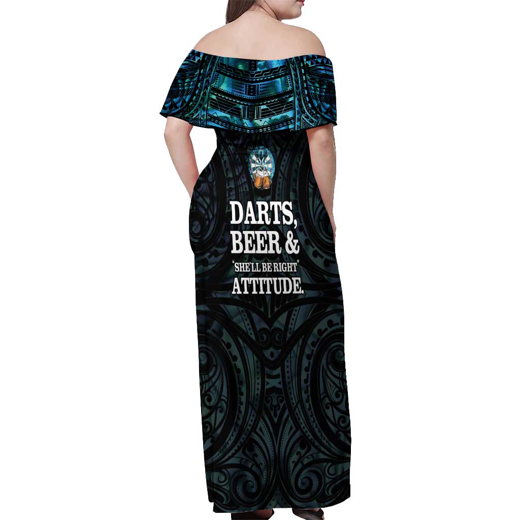 Personalized New Zealand Darts Beer Off Shoulder Maxi Dress Paua Shell Aotearoa Maori Tattoo LT14 - Polynesian Pride
