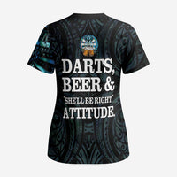 Personalized New Zealand Darts Beer Scrub Top Paua Shell Aotearoa Maori Tattoo - Polynesian Pride