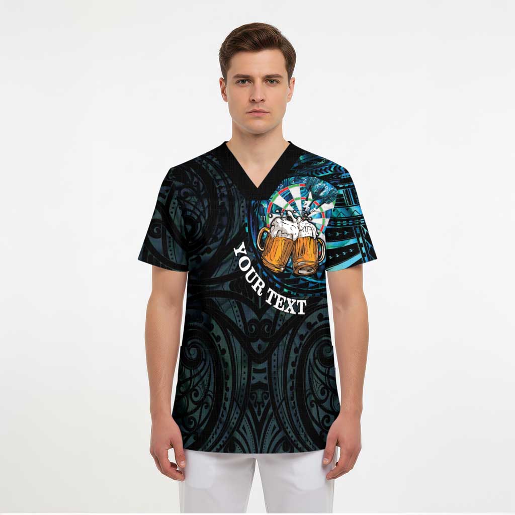Personalized New Zealand Darts Beer Scrub Top Paua Shell Aotearoa Maori Tattoo - Polynesian Pride