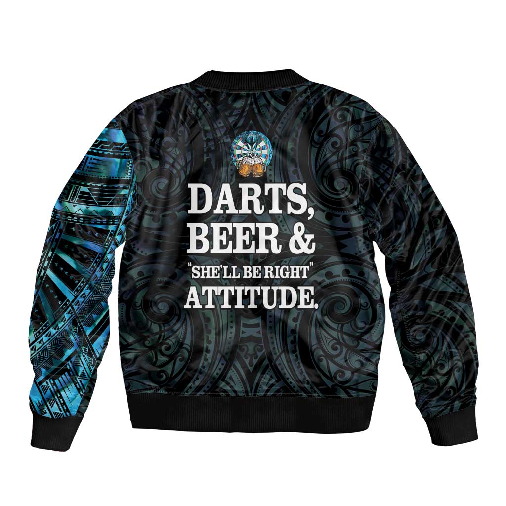 Personalized New Zealand Darts Beer Sleeve Zip Bomber Jacket Paua Shell Aotearoa Maori Tattoo - Polynesian Pride