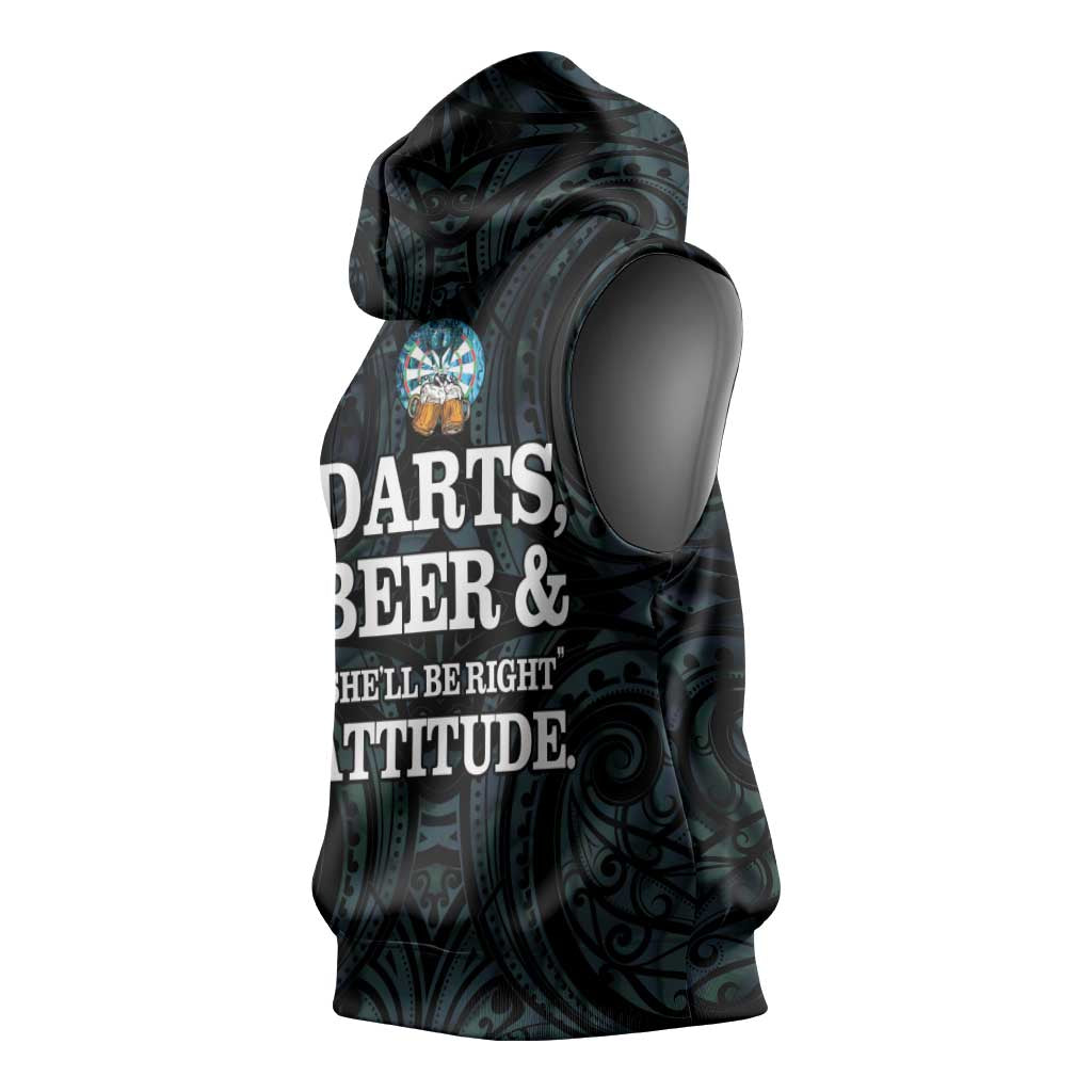 Personalized New Zealand Darts Beer Sleeveless Hoodie Paua Shell Aotearoa Maori Tattoo - Polynesian Pride