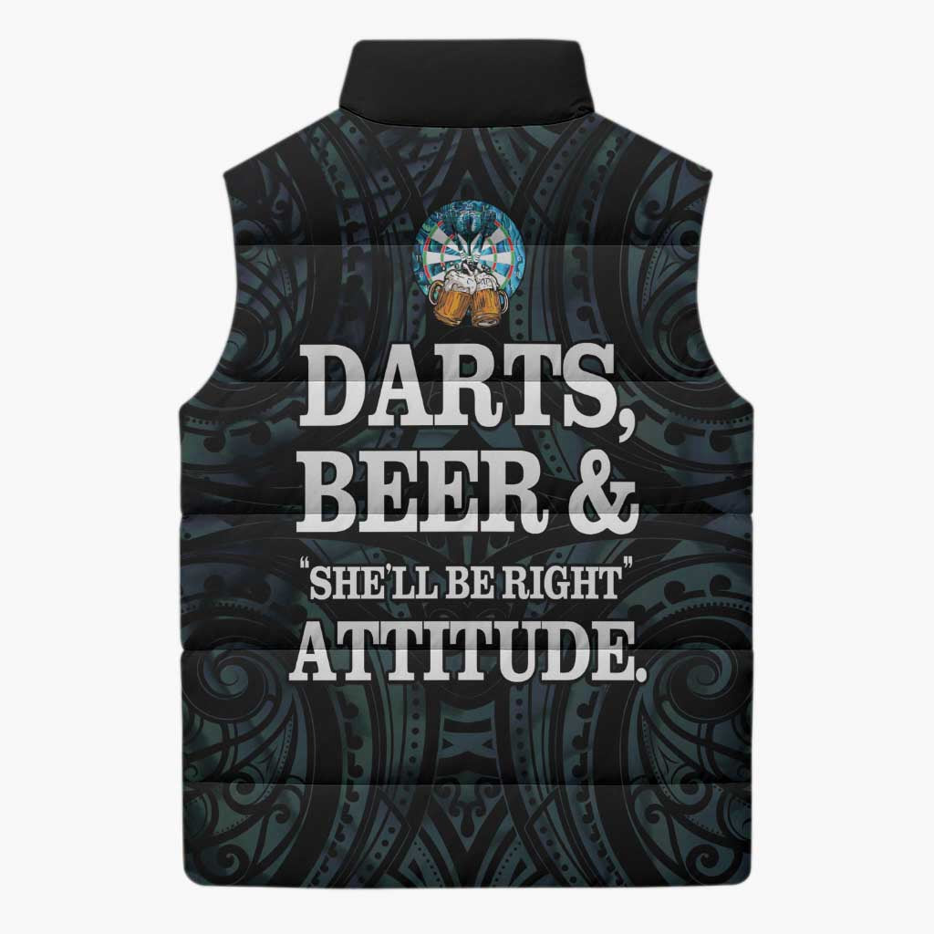 Personalized New Zealand Darts Beer Sleeveless Puffer Jacket Paua Shell Aotearoa Maori Tattoo - Polynesian Pride