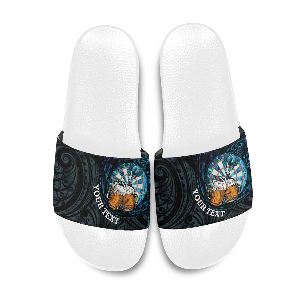 Personalized New Zealand Darts Beer Slide Sandals Paua Shell Aotearoa Maori Tattoo - Polynesian Pride
