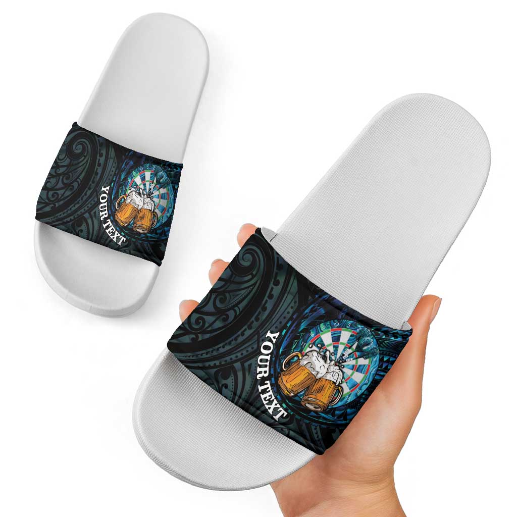 Personalized New Zealand Darts Beer Slide Sandals Paua Shell Aotearoa Maori Tattoo - Polynesian Pride