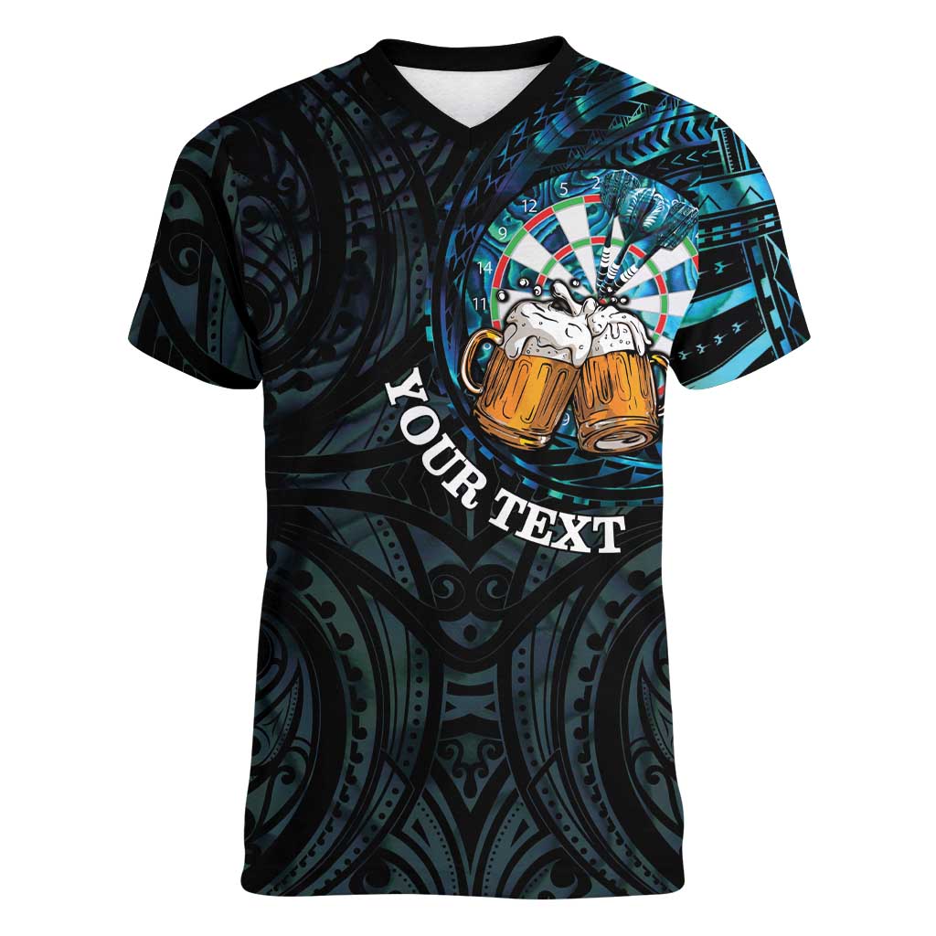 Personalized New Zealand Darts Beer Women V-Neck T-Shirt Paua Shell Aotearoa Maori Tattoo - Polynesian Pride