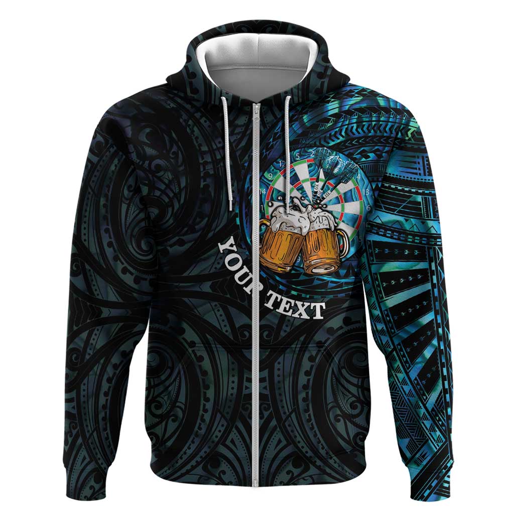 Personalized New Zealand Darts Beer Zip Hoodie Paua Shell Aotearoa Maori Tattoo - Polynesian Pride