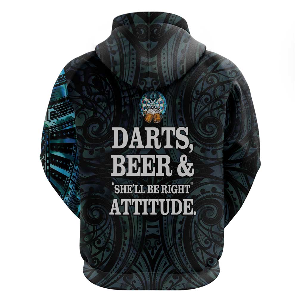 Personalized New Zealand Darts Beer Zip Hoodie Paua Shell Aotearoa Maori Tattoo - Polynesian Pride