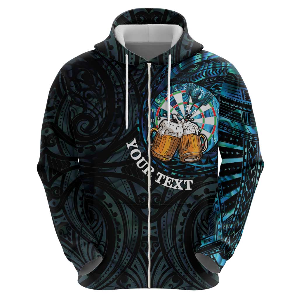 Personalized New Zealand Darts Beer Zip Hoodie Paua Shell Aotearoa Maori Tattoo - Polynesian Pride