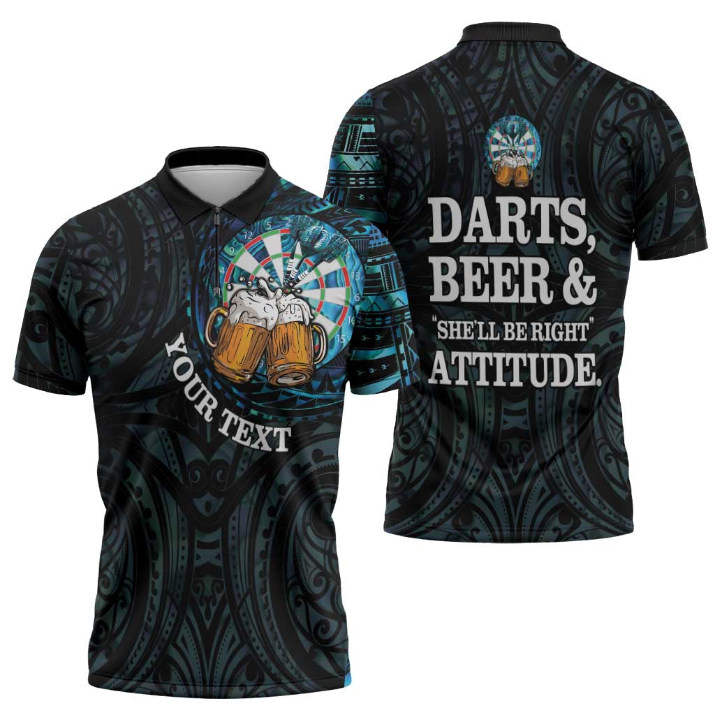 Personalized New Zealand Darts Beer Zipper Polo Shirt Paua Shell Aotearoa Maori Tattoo - Polynesian Pride