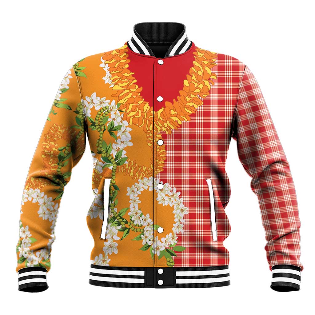 Prince Kuhio Aloha Hawaii Baseball Jacket Plumeria Ilima Lei Palaka Motifs LT14 Unisex Red - Polynesian Pride