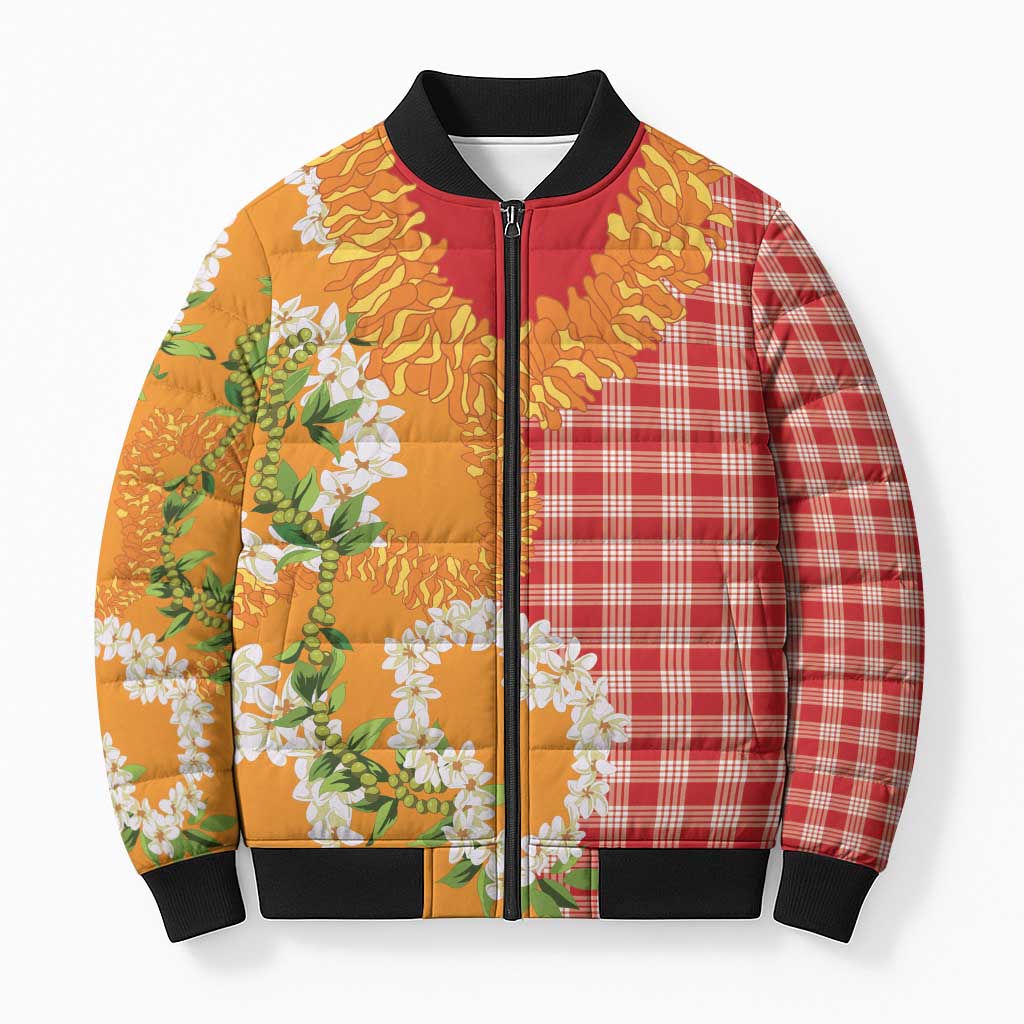 Prince Kuhio Aloha Hawaii Bomber Puffer Jacket Plumeria Ilima Lei Palaka Motifs LT14 Unisex Red - Polynesian Pride